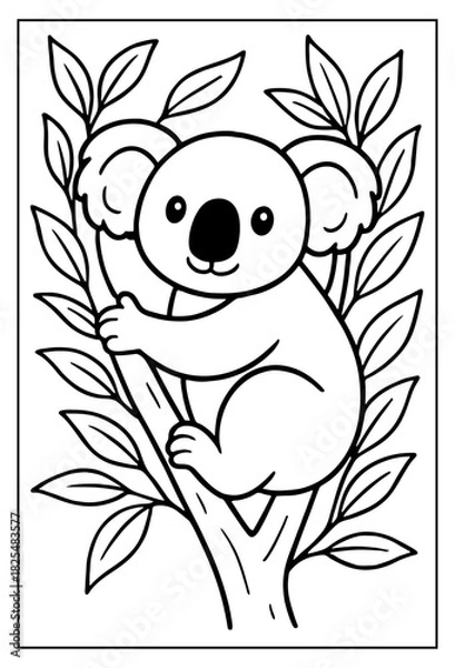 Fototapeta Cute koala bear happily sitting on a sturdy tree branch surrounded by leaves perfect for a delightful children's coloring activity