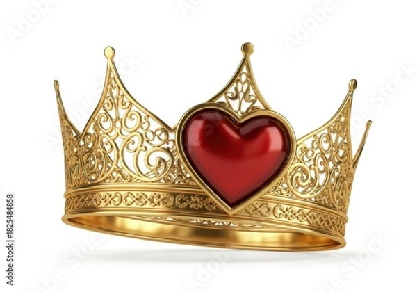 Obraz Ornate golden crown with red heart jewel isolated on white background