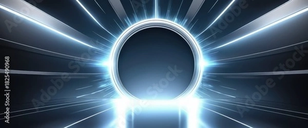 Fototapeta A futuristic dark tunnel with a central glowing ring emitting blue light surrounded by radiant streaks and reflective