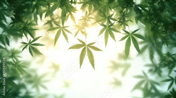 Fototapeta sunlit hanging green cannabis leaves with soft glowing bokeh and a peaceful serene atmosphere