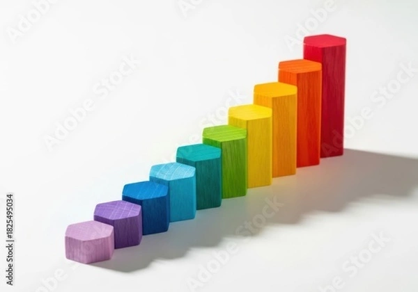 Fototapeta Colorful hexagonal blocks arranged in ascending bar chart isolated on white background