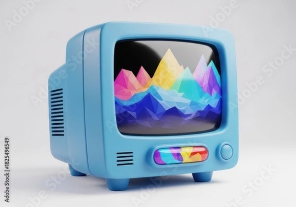 Fototapeta Retro blue television displaying colorful abstract mountains isolated on white background