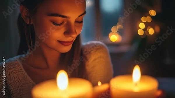 Fototapeta A serene young woman gazes at the warm glow of two candles, her face softly illuminated in the gentle light, creating a cozy and intimate atmosphere indoors