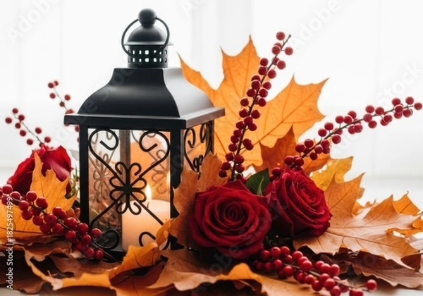 Fototapeta Autumn lantern with roses and leaves isolated on white background