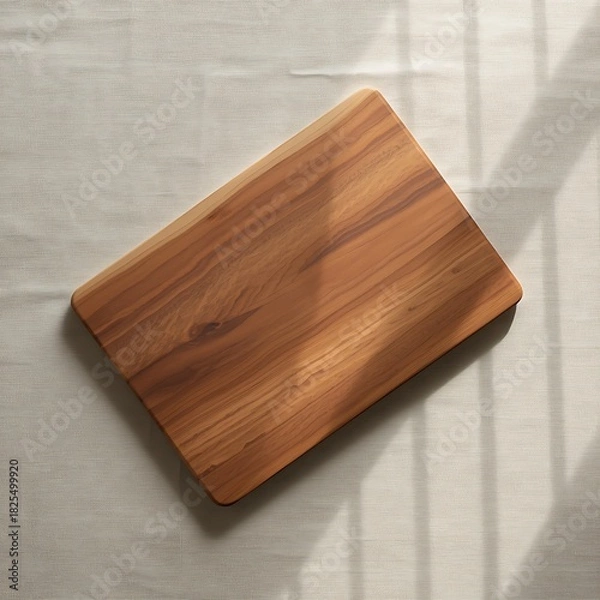 Fototapeta Simple wooden cutting board on white linen background with shadow overlay kitchenware accessory for food preparation and serving in minimalist style top view