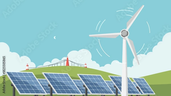 Obraz Clean energy concept illustration showcasing wind turbine and solar panels in a green landscape for a sustainable future