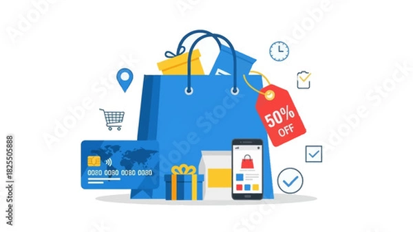 Obraz Shopping Bag With Credit Card and Gift Box, Mobile Phone Displaying 50% Off Tag, Online Shopping Concept