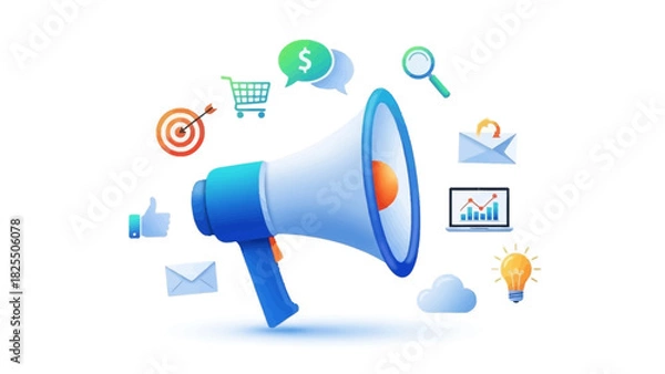 Obraz Digital marketing megaphone with icons representing online business strategy and advertising