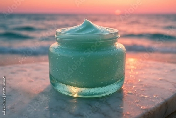 Fototapeta Open jar of face cream on beach at sunset, skincare concept with natural ocean glow.
