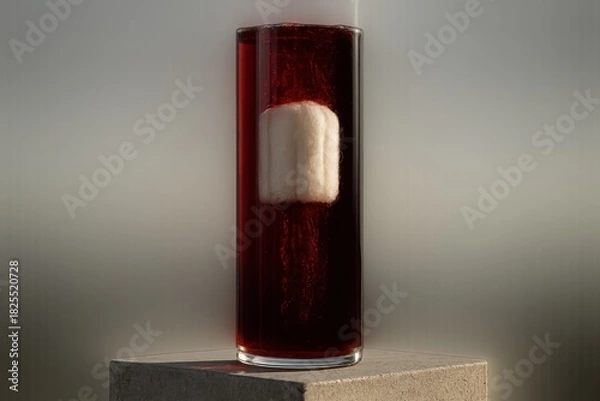 Fototapeta Glass cylinder filled with red liquid and floating tampon, bold visual metaphor of menstruation.

