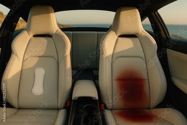 Fototapeta Two car seats side by side, one clean with sanitary pad, the other stained red, hygiene and protection metaphor.
