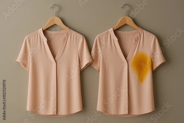 Fototapeta Two shirts hanging side by side, one clean and one with visible yellow stain, deodorant comparison concept.
