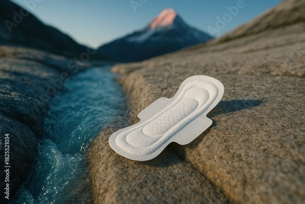 Fototapeta Menstrual pad placed on river rock in mountain landscape, symbol of flow and purity.
