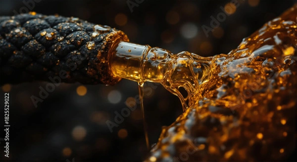 Obraz Close-up macro shot of a thick, dark rope being saturated with a viscous, amber liquid, creating a dramatic and textured effect with water droplets and a blurred background