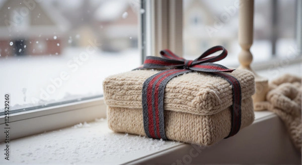 Obraz Winter Gift Box on a Snowy Window Sill A Cozy Holiday Scene