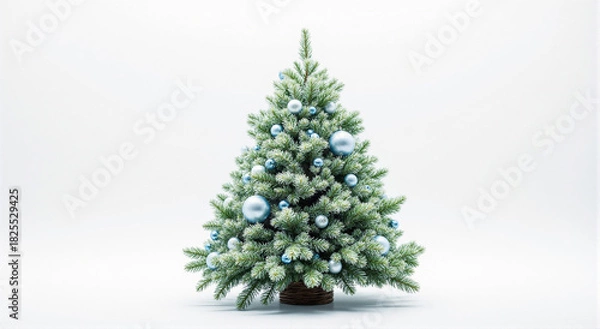 Obraz A regal and festive Christmas tree adorned with shimmering blue and silver ornaments, isolated on a clean white background for the winter holidays