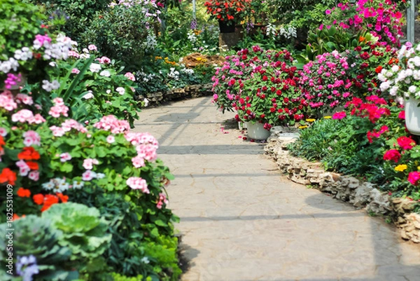 Obraz Concrete walkway in the middle multicolored colorful flowers garden natural background