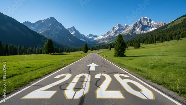 Fototapeta 2026 New Year road trip travel and future vision concept . Nature landscape with highway road leading forward to happy new year celebration in beginning of 2026 for glee successful start .New Year 