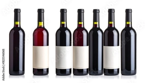 Fototapeta Seven bottles of red wine aligned, white labels, white background