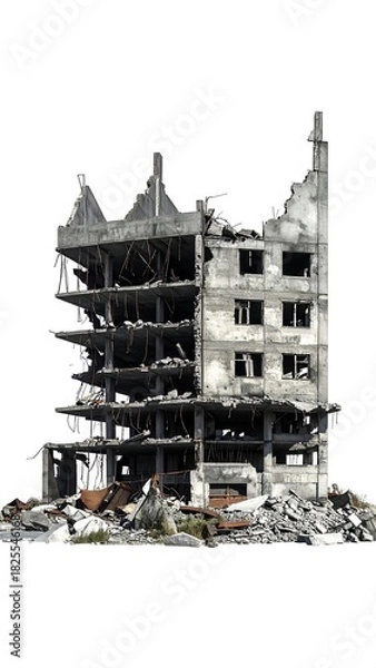 Fototapeta Severely damaged multi-story building with exposed interiors, rubble below