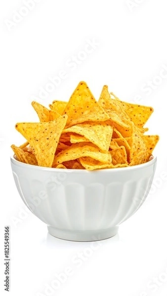 Fototapeta Stacked corn tortilla chips in a white bowl, against a white background