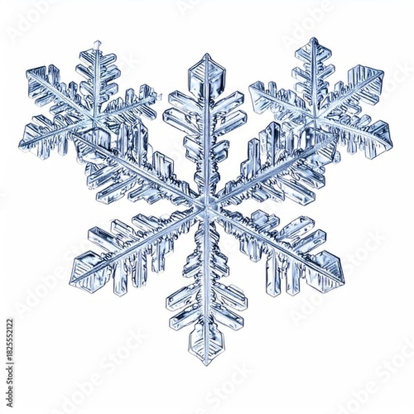 Fototapeta Detailed close-up of a complex snowflake, light blue hues, intricate crystalline structure,  against a plain white background