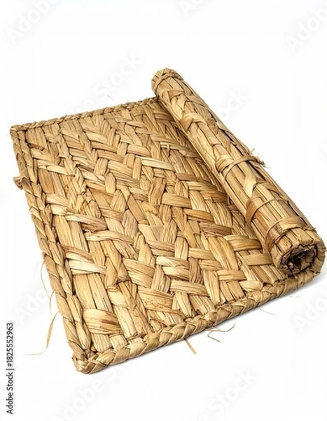 Fototapeta Hand-woven straw placemat, rolled up.  Natural, light beige color.  Intricate,  chevron pattern.  Edges are bound with straw
