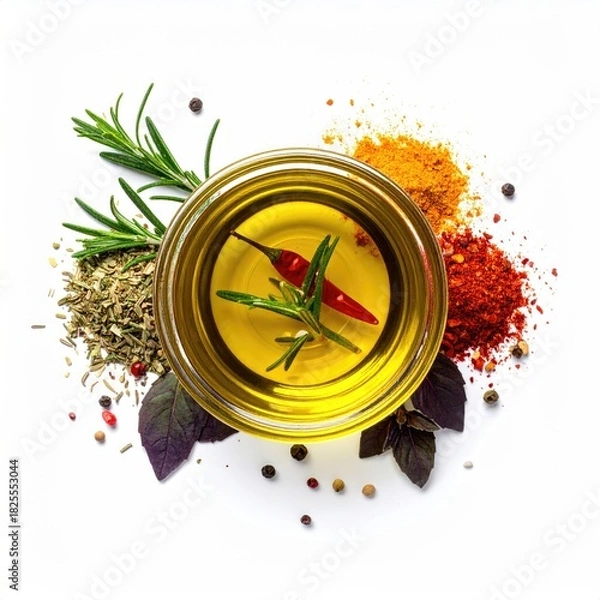 Fototapeta Aromatic culinary ingredients arranged in a circular composition.  A small glass bowl filled with olive oil, surrounded by various herbs and spices