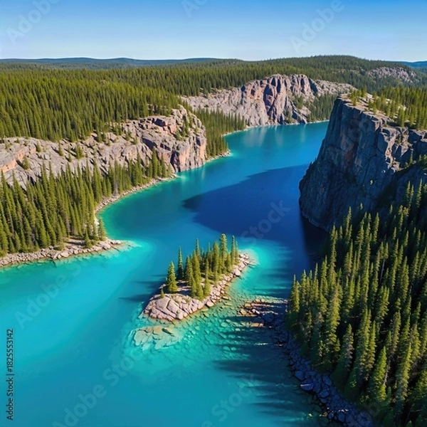 Fototapeta Aerial view of turquoise lake and forest cliffs