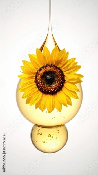 Fototapeta A single, golden sunflower oil drop, showcasing a vibrant sunflower in its center, hangs against a plain white background.  The drop's surface is smooth, reflecting light, and displays subtle bubbles