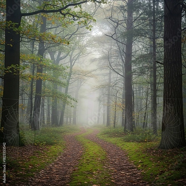 Obraz Misty forest path with soft morning light
