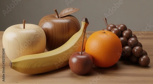 Fototapeta Assortment of artificially crafted fruit objects resting on a wooden surface