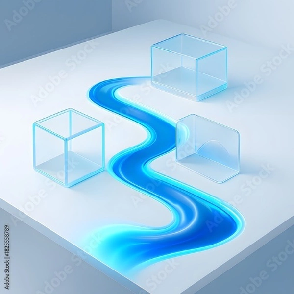 Fototapeta Abstract blue liquid flowing through geometric shapes on white surface