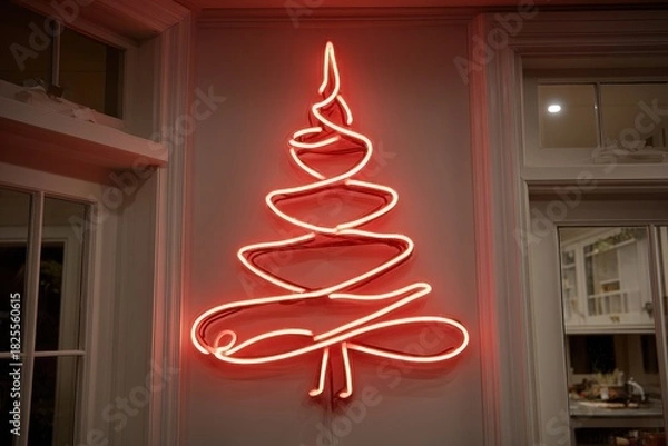 Fototapeta Close-up of a luminous red neon Christmas tree with sleek metallic decorations, illuminated by soft ambient lighting, evoking a modern holiday spirit
