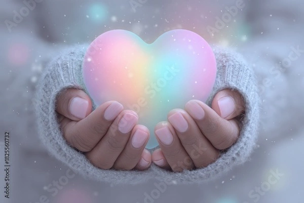 Fototapeta Hands gently holding a luminous heart, illuminated with soft pastel colors, set against a minimalist background, conveying compassion and health awareness in modern life