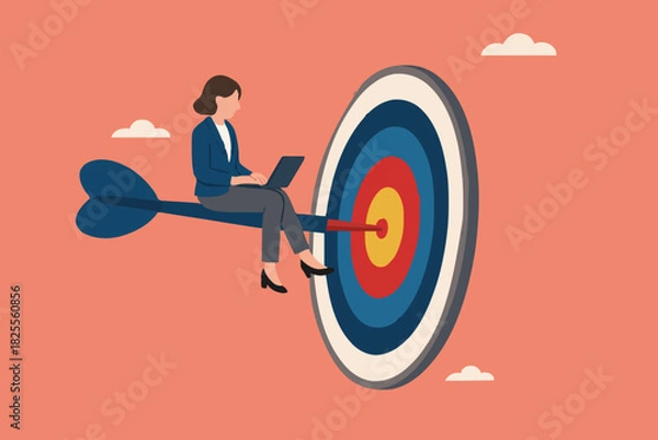Fototapeta businesswoman working while sitting on a dart stuck in a target board. work on business objective. motivation to achieve goal. focus on business, business objective and strategy concept