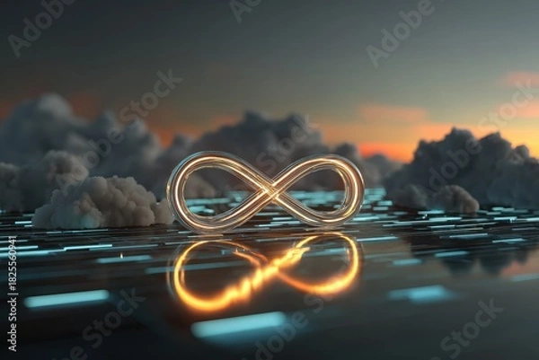 Fototapeta A sleek, transparent infinity sign floating above a digital landscape, surrounded by soft clouds, with ambient light creating a serene and futuristic atmosphere