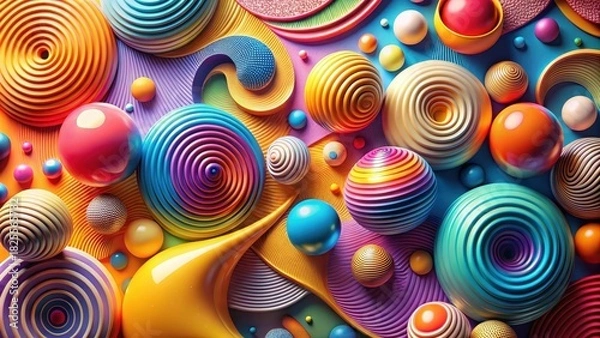 Obraz Vibrant Abstract Composition Featuring Multicolored Spheres, Concentric Circles, and Swirling Patterns on a Dynamic Background