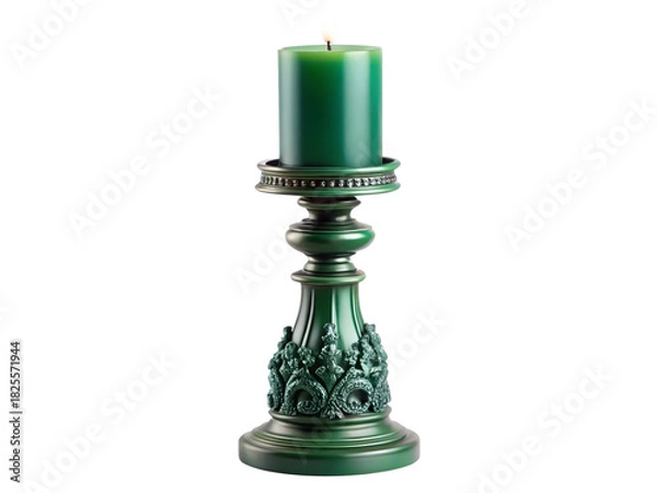 Fototapeta Ornate dark green candle in a detailed vintage candlestick isolated on transparent background