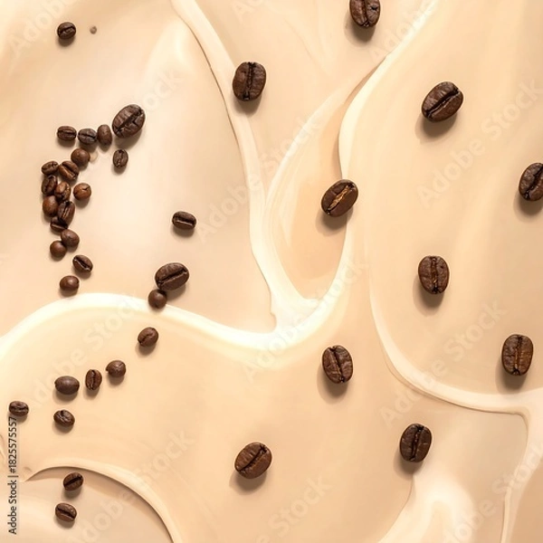 Obraz Overhead shot of coffee beans floating on a creamy, light-brown liquid