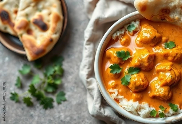 Obraz Creamy, orange butter chicken curry in a bowl with naan bread,  dinner,   mild