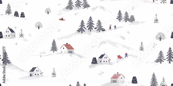 Obraz Winter village seamless pattern with houses trees and people