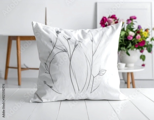 Obraz Soft white cushion with subtle grey floral design, placed on a surface