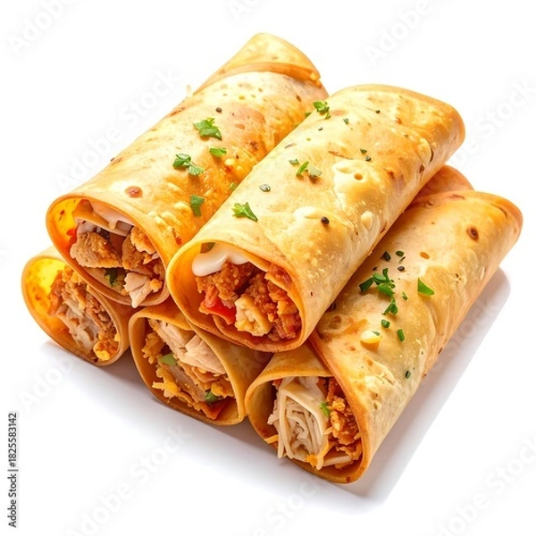 Obraz Stack of savory, rolled food items, featuring filling
