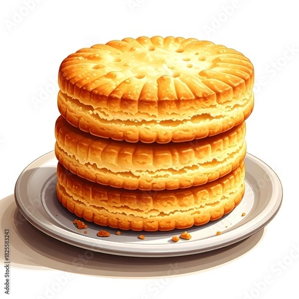 Obraz Stack of three golden-brown biscuits on a white plate