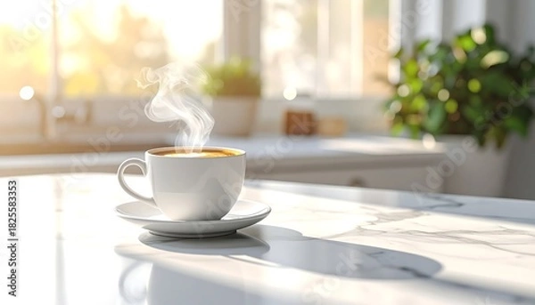 Obraz Steaming cup of coffee sits on a marble countertop in a bright kitchen