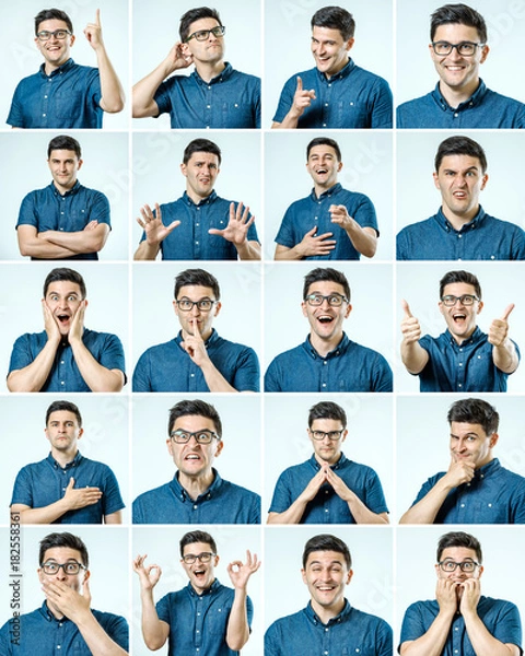 Fototapeta Set of young man's portraits with different emotions and gestures