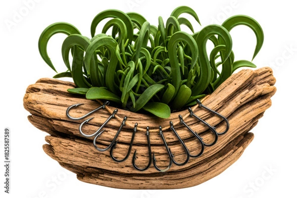Fototapeta Fishing hooks hanging on driftwood planter with green leaves isolated on a transparent background
