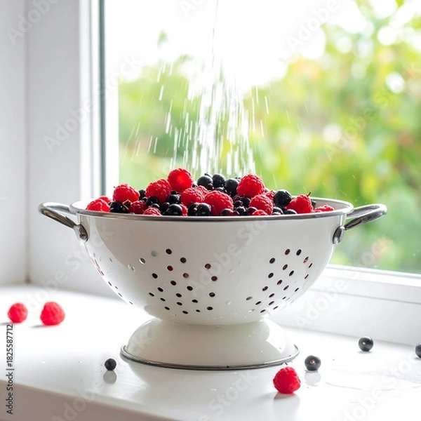 Obraz Mixed berries being washed in a colander by a bright window