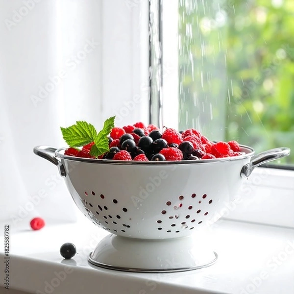 Fototapeta Mixed berries in a white colander, near a window, natural light